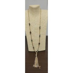 Chico's Boho Long Beaded Necklace Turquoise Silver Gold Beads Chain Tassel NWT